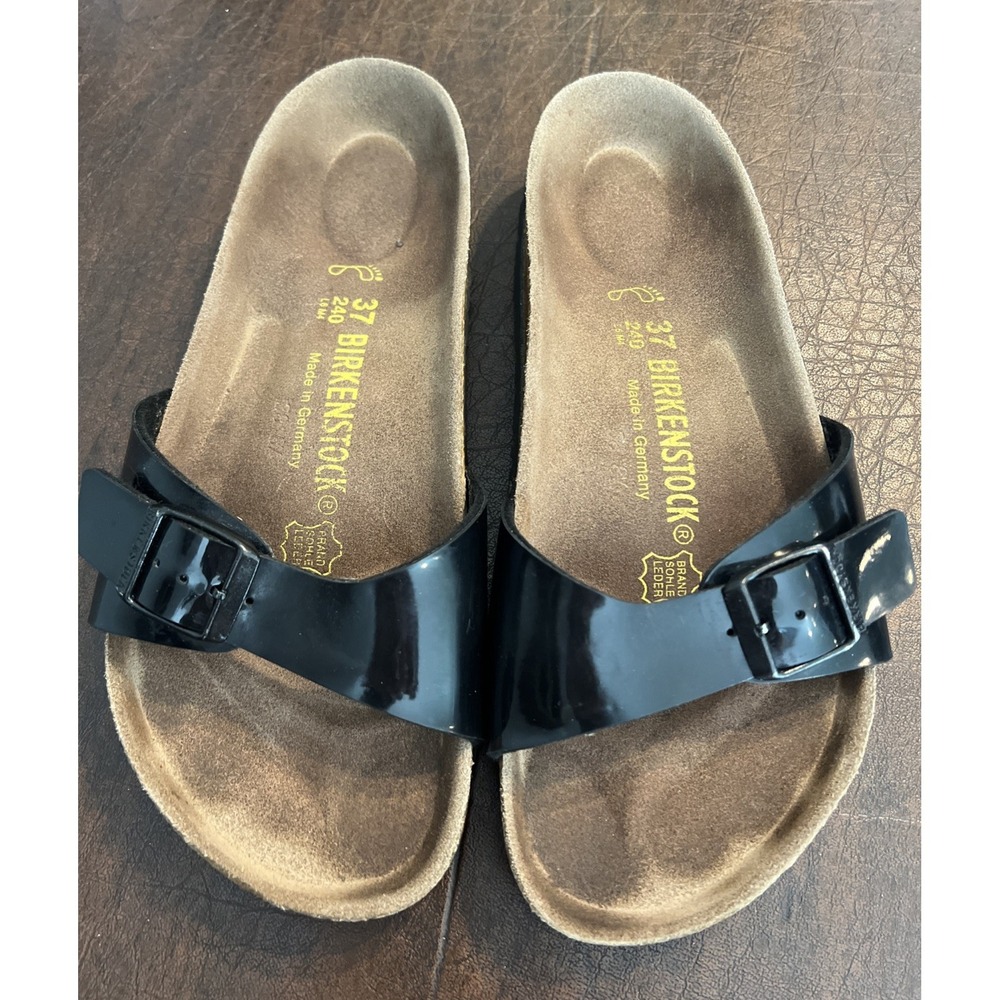 Birkenstock Madrid Birko Flor Sandal Black Patent Slide EU 37 Women's 6-6.5